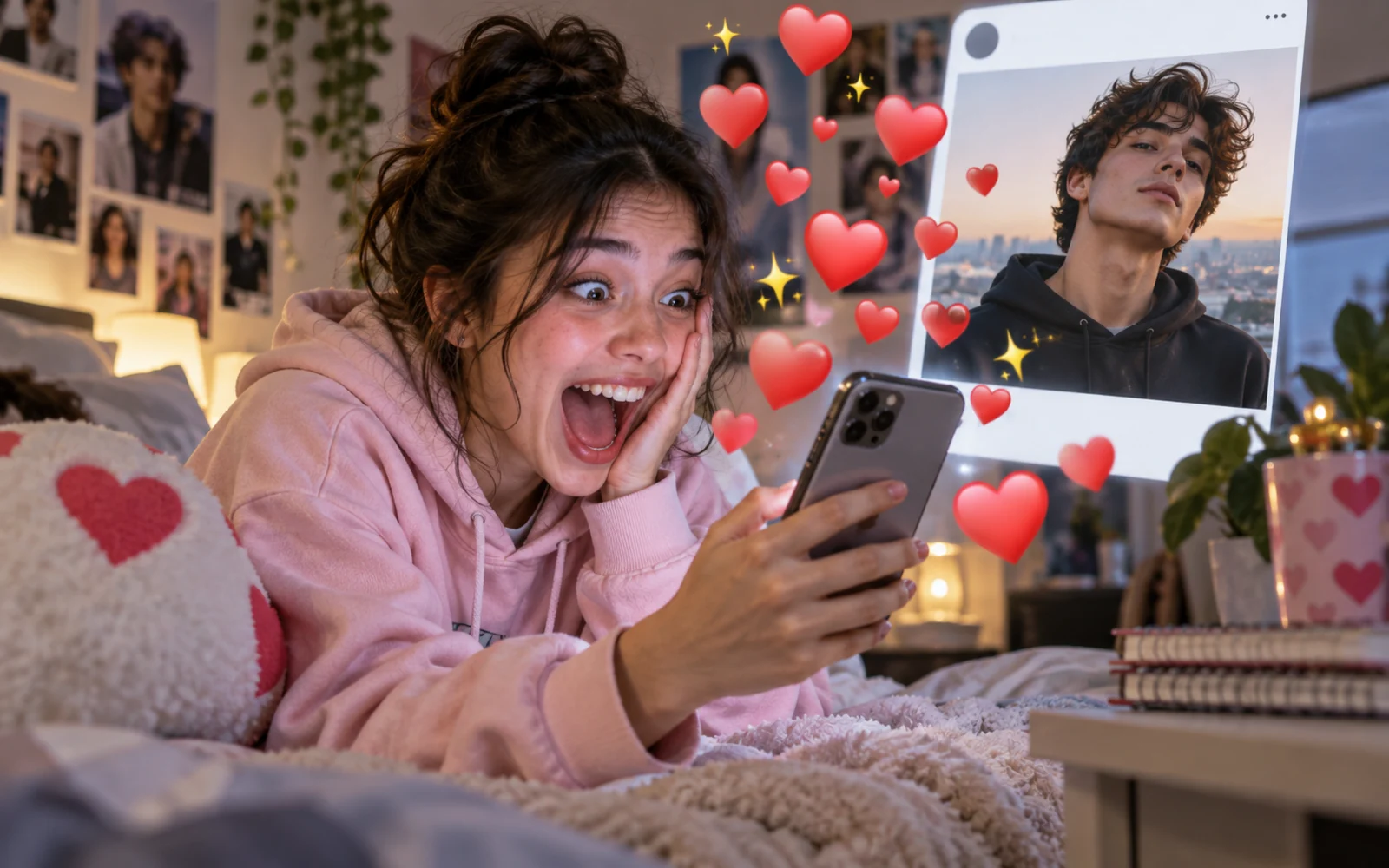 Nadšená fanúšička sleduje na mobile fotografiu obľúbeného tvorcu.