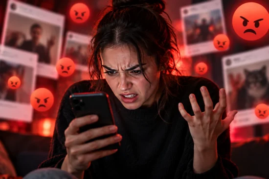 Rozčúlená žena číta na telefóne príspevky sociálnych sietí.